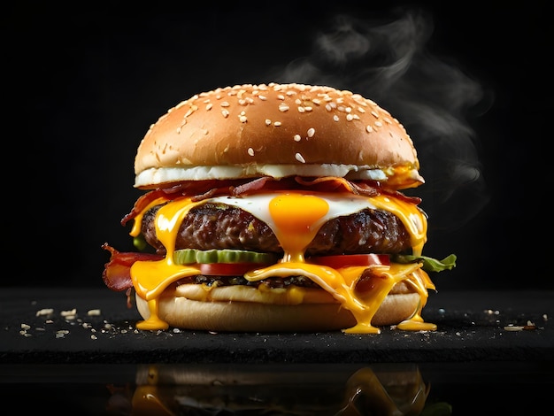 A hamburger with cheese on it is sitting on a black surface