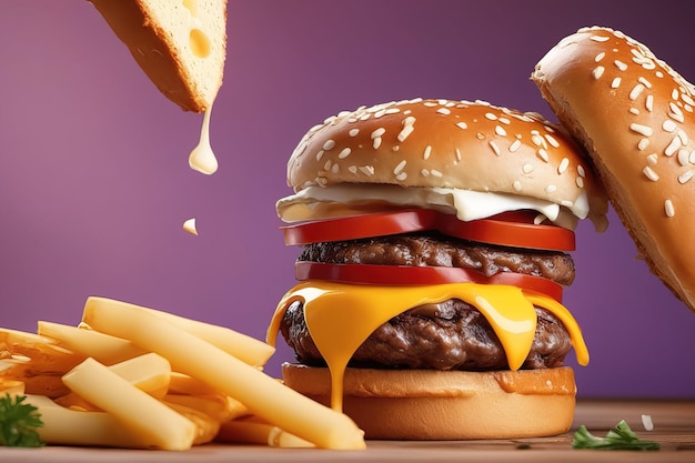 a hamburger with cheese and ketchup is on a table.