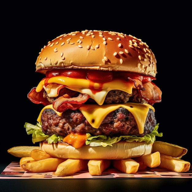 A hamburger with cheese and ketchup on it is on a wooden board