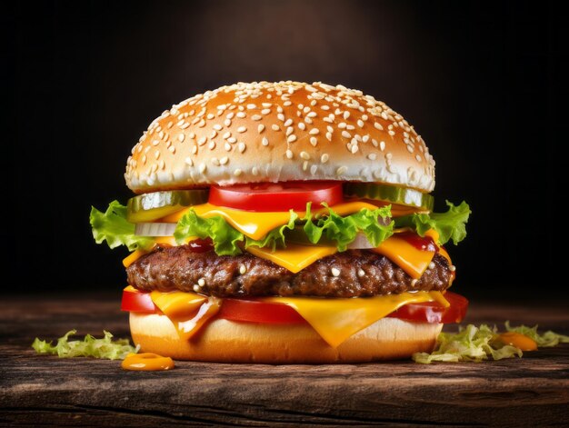 a hamburger with cheese and lete on a studio background