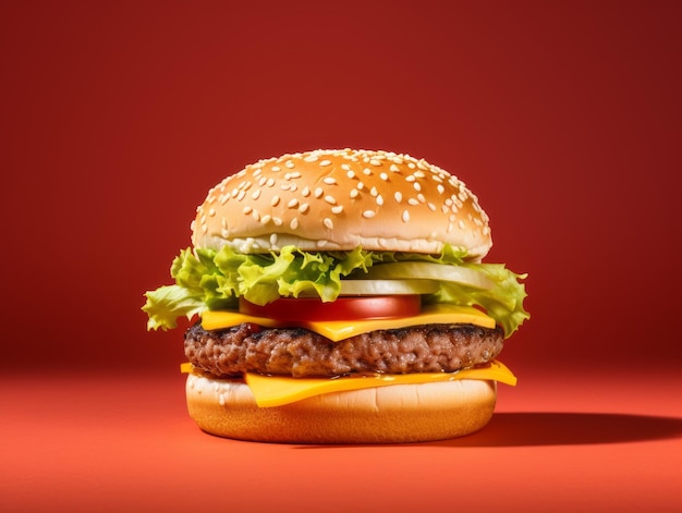 A hamburger with cheese and lete on a studio background