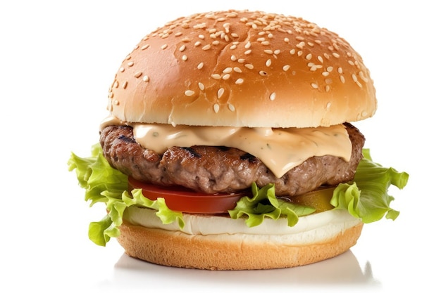 A hamburger with cheese and lettuce on a bun generative AI