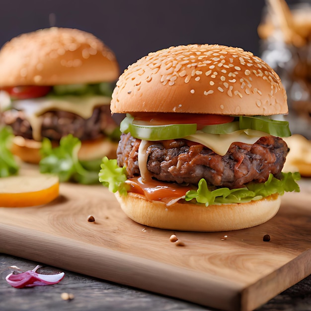 a hamburger with cheese and lettuce on it sits on a wooden cutting board