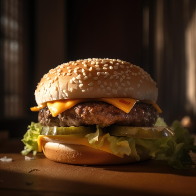 A hamburger with cheese and lettuce on it