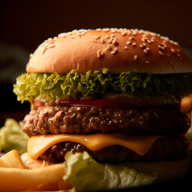 A hamburger with cheese and lettuce on it