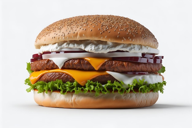 A hamburger with cheese, lettuce, and mayonnaise on it.