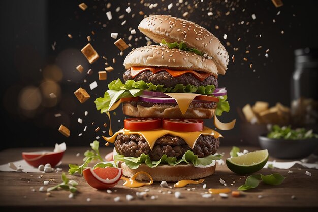 A hamburger with cheese lettuce and other flying ingredients