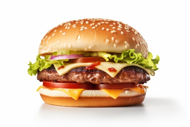 a hamburger with cheese lettuce tomato and onion