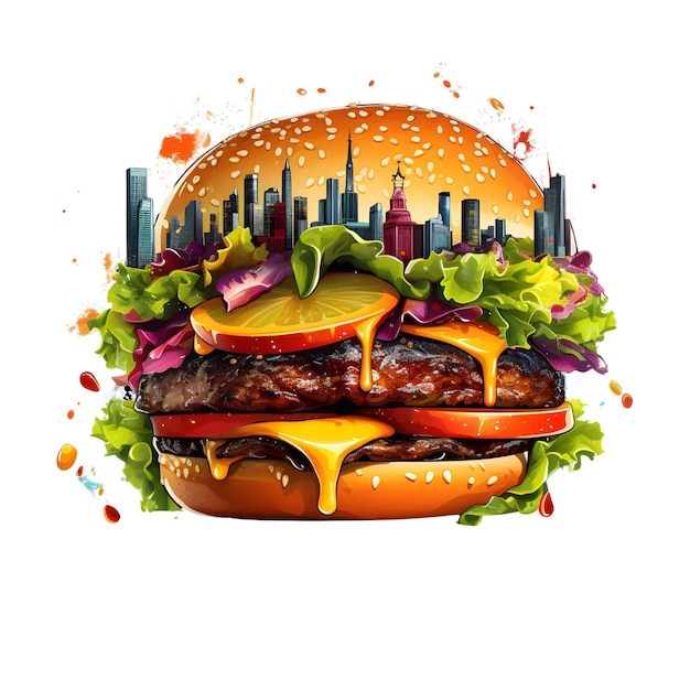 Hamburger with cheese lettuce tomato and orange Vector illustration