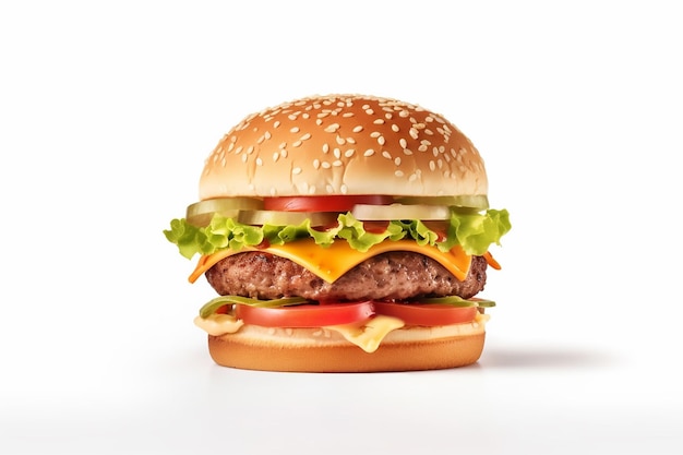 A hamburger with cheese lettuce tomato and pickles