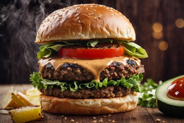 Foto hamburger con formaggio, lattuga, pomodoro e salsa su un tavolo di legno