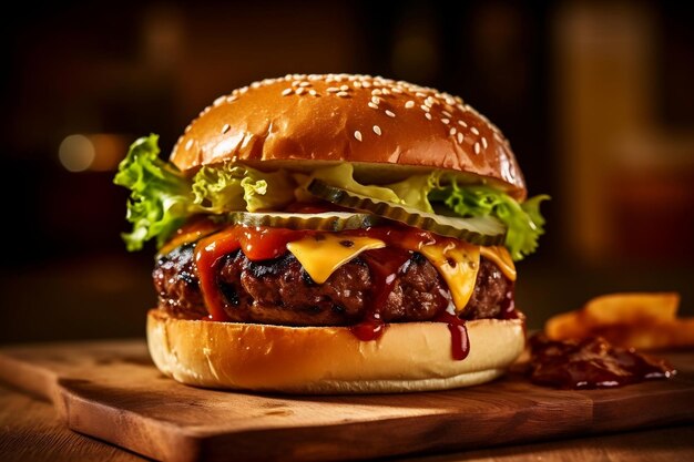 a hamburger with cheese and lettuce on a wooden board.