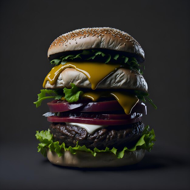 A hamburger with cheese, onions, and onions is on a black background.