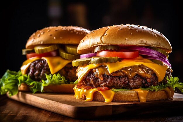 a hamburger with cheese and onions on a wooden board