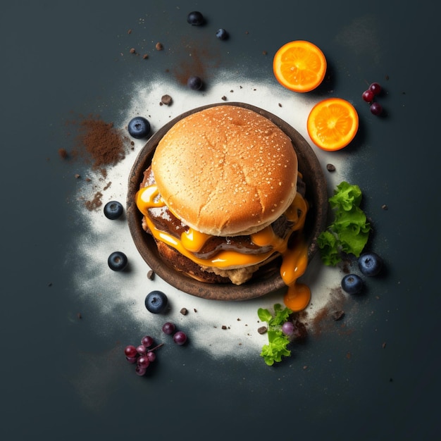 A hamburger with cheese and oranges is surrounded by blueberries and blueberries.