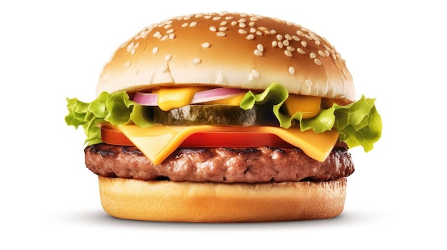 Photo a hamburger with cheese, pickles, and onions on it.