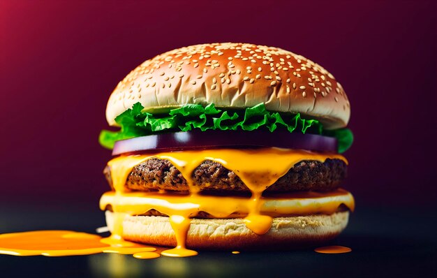 Photo hamburger with cheese sauce on a black background copy space