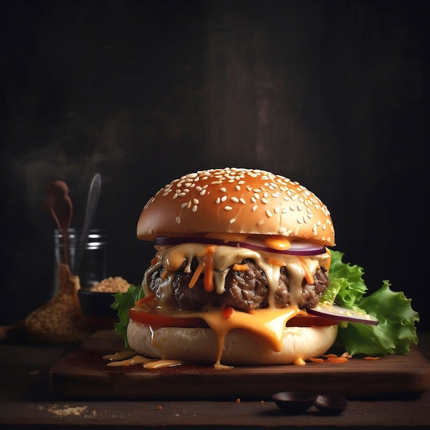 A hamburger with cheese and sauce is on a cutting board