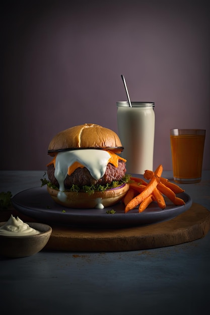 A hamburger with cheese and sauce on it next to a glass of milk.