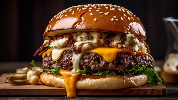 a hamburger with cheese and sauce on it