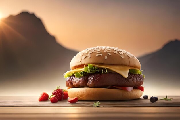 A hamburger with cheese and strawberries on a wooden table.