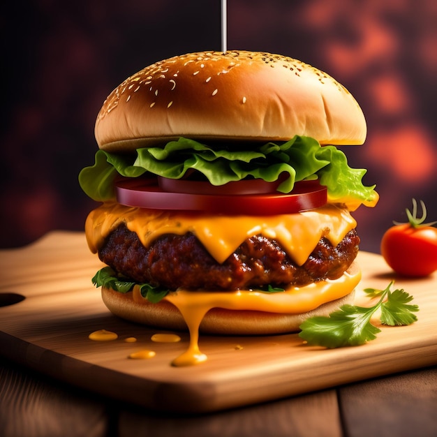 A hamburger with cheese and tomato on a cutting board