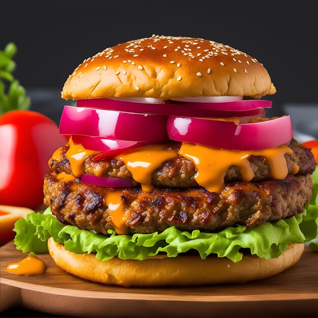 Photo a hamburger with cheese and tomato on a cutting board