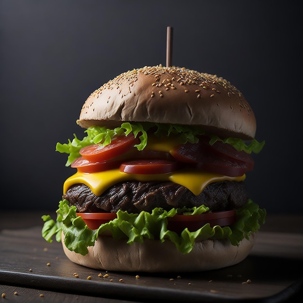 A hamburger with cheese, tomato, and lettuce on it.