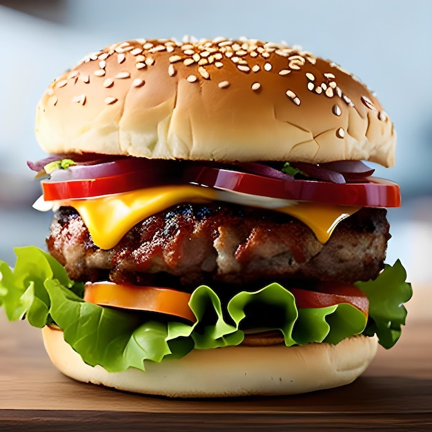 A hamburger with cheese, tomato, and lettuce on it.