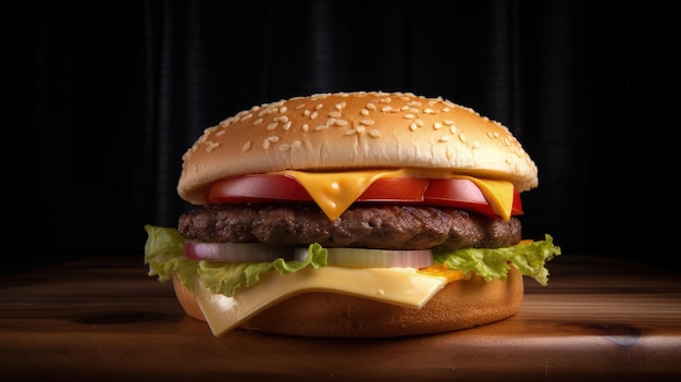 A hamburger with cheese tomato lettuce and tomato slices generative AI