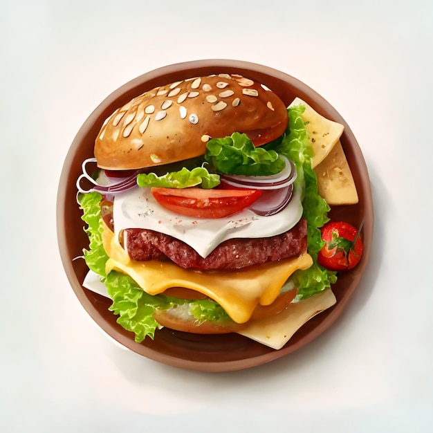 A hamburger with cheese tomato and onions is on a plate