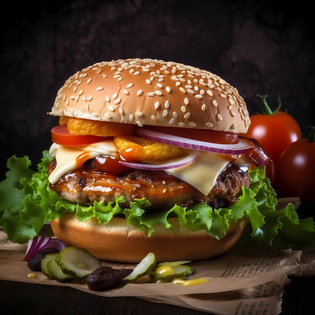 A hamburger with cheese, tomato, and onions on a paper bag.