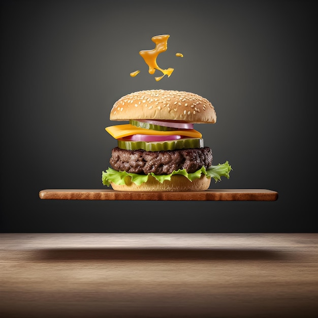 A hamburger with cheese and tomato sauce is flying over a wooden tray.