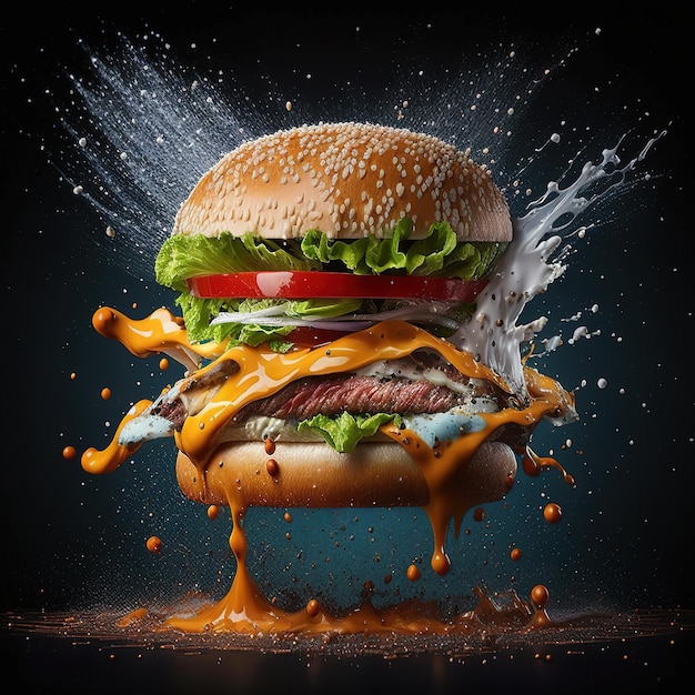 A hamburger with cheese and tomato sauce is in front of a splash of water.
