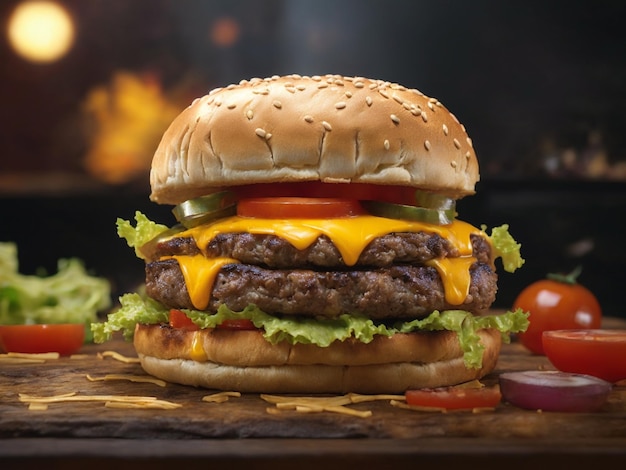 a hamburger with cheese and tomato sauce is on a table.