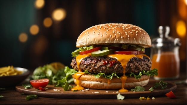 A hamburger with cheese and tomato sauce on a wooden plate