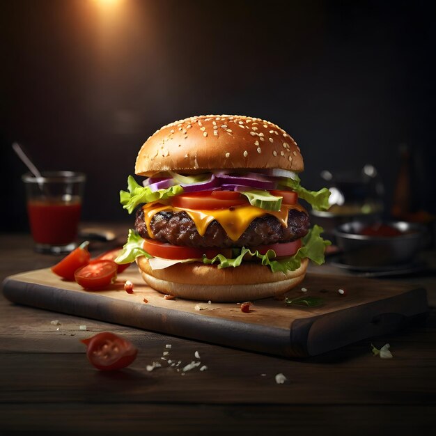 a hamburger with cheese and tomato on a table