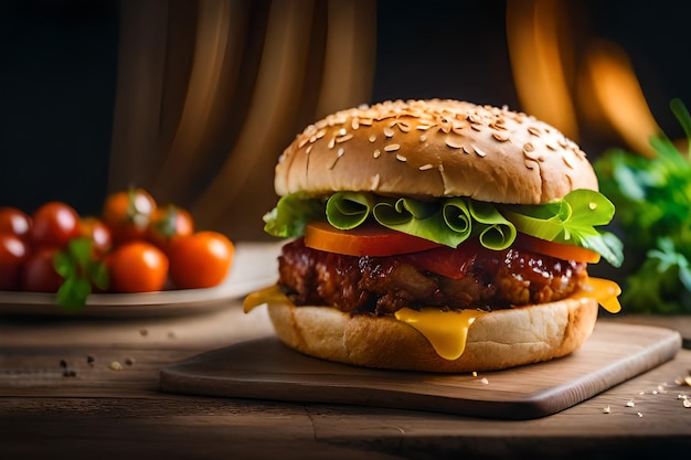 a hamburger with cheese and tomatoes on a cutting board