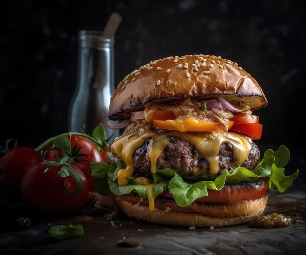 Foto hamburger con pomodori formaggio ed erbe su sfondo scuro