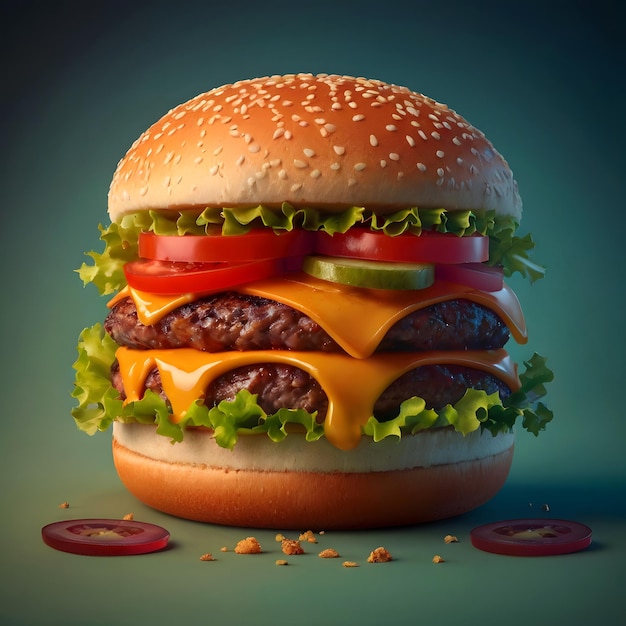 A hamburger with cheese and tomatoes on it colorful advertising background