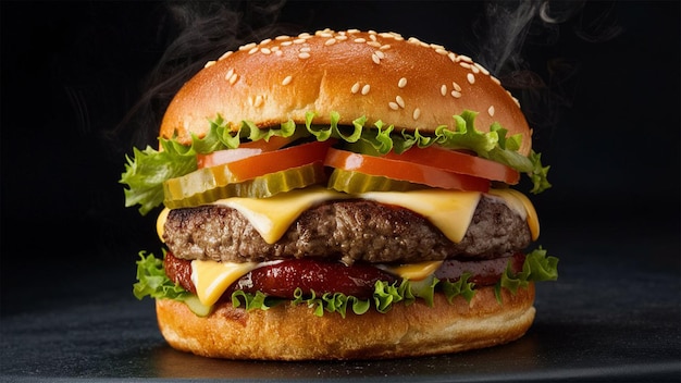 a hamburger with cheese and tomatoes on it is shown