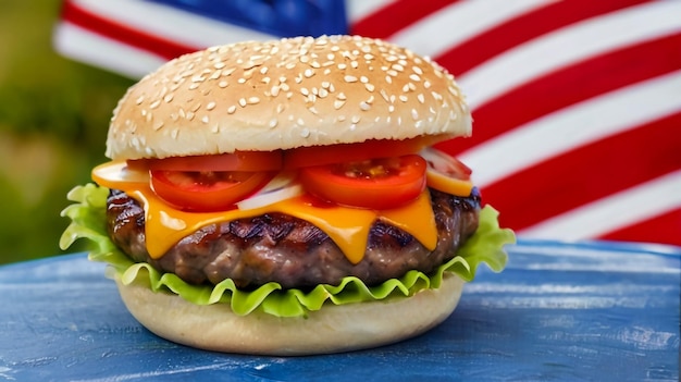 a hamburger with cheese and tomatoes on it is sitting on a table