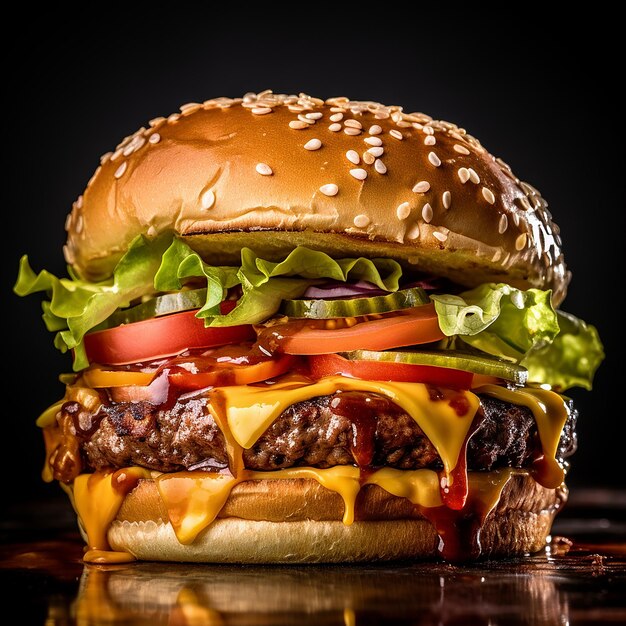 Un hamburger con formaggio e pomodori sopra è seduto su un tavolo.