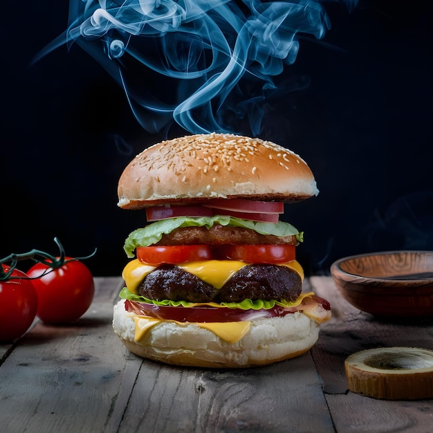 チーズとトマトを入れたハンバーガー