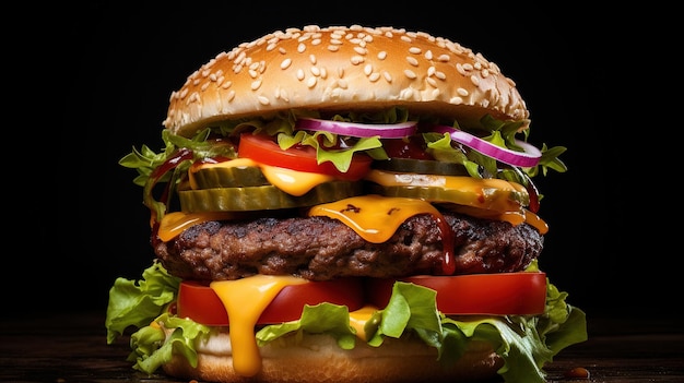 a hamburger with cheese and vegetables is shown.