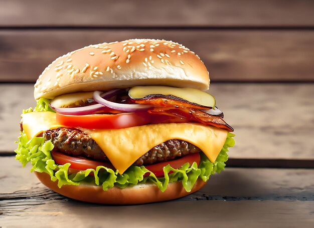 A hamburger with cheese and vegetables on a wooden background