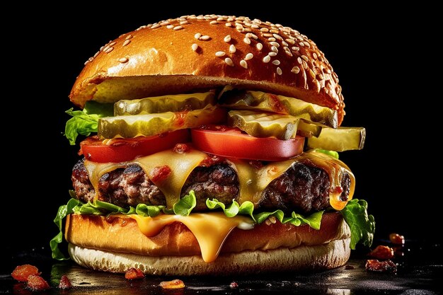 a hamburger with cheese and vegetables