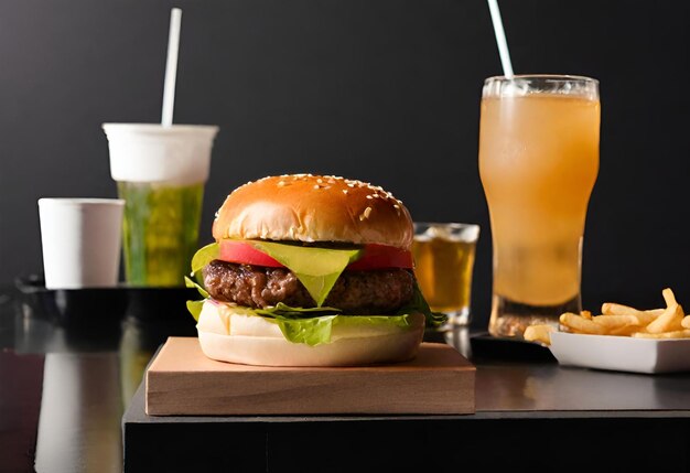 hamburger with cheese with fries and a drink