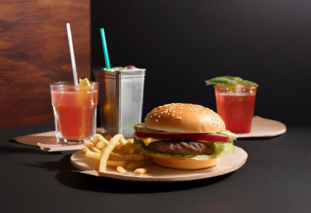 hamburger with cheese with fries and a drink