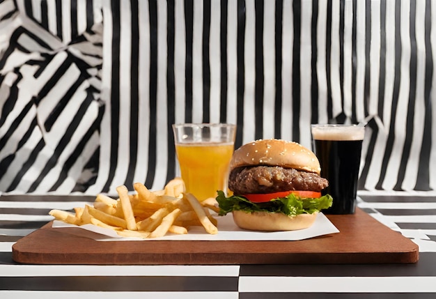 hamburger with cheese with fries and a drink